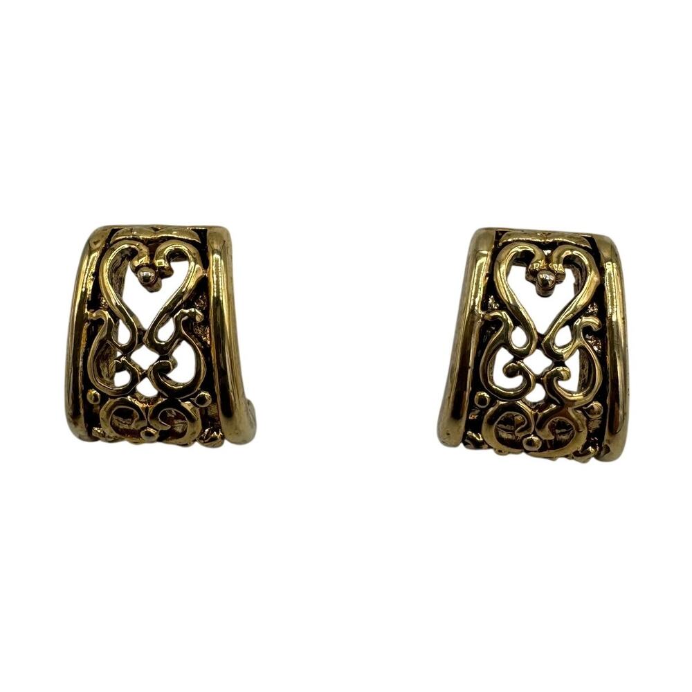 Vintage 1928 Jewelry Co. Gold Filigree Heart J-Hoop Earrings Signed